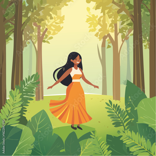 Enchanted Woman Emerging from Lush Green Foliage in Sunlit Forest