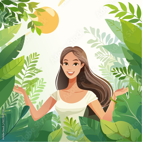 Enchanted Woman Emerging from Lush Green Foliage in Sunlit Forest