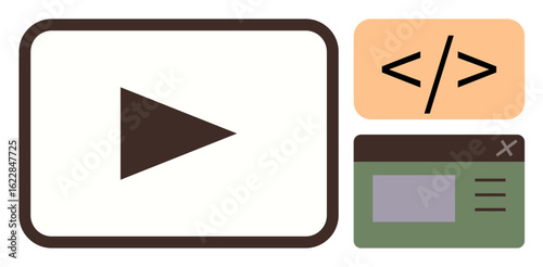 Play button, coding snippet, and browser window illustrating video content, programming, and web design. Ideal for technology, development, UX, media creativity productivity simple flat metaphor
