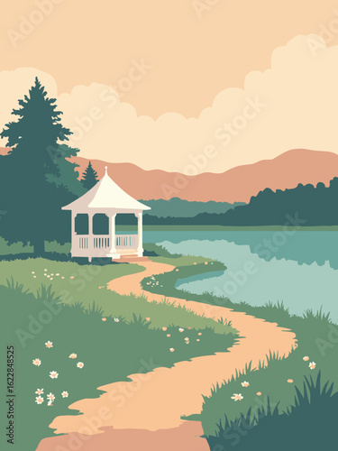 Craigavon, United Kingdom – Craigavon Lakes pavilion and trails in pavilion white, lake teal, trail brown, and sky peach