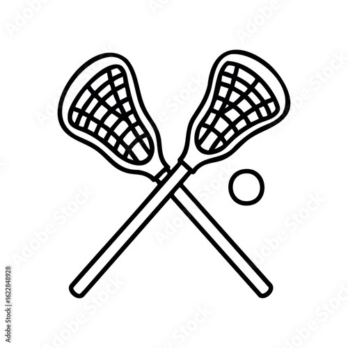 Crossed lacrosse sticks and ball icon in simple line art design – stock vector icon in line style