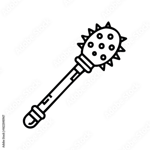 Medieval spiked mace weapon with intricate details in black and white outline – stock vector icon in line style
