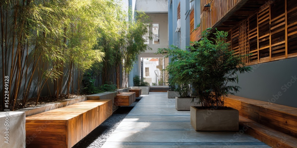 Fototapeta premium Modern architectural courtyard with wooden benches and lush green plants creating quiet and peaceful atmosphere