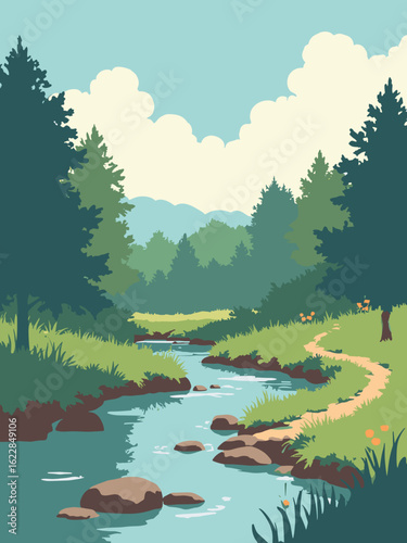 Cheshunt, United Kingdom – Cuffley Brook nature reserve trails in brook blue, trail brown, foliage green, and sky white