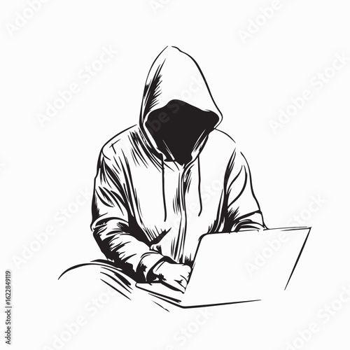 Hooded figure sitting and using laptop vector illustration in cyber hacker style