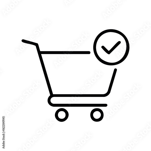 Shopping cart icon with checkmark for online purchase confirmation – stock vector icon in line style
