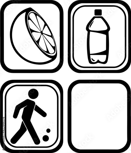 SVG vector illustration of healthy vegetables and fruits with exercise theme.Black and White Icons of Lemon, Bottle, and Walking Person