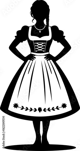 Black silhouette vector of a woman wearing a traditional Bavarian dirndl dress with a full skirt and apron 