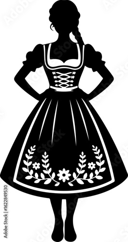 Black silhouette vector of a woman wearing a traditional Bavarian dirndl dress with a full skirt and apron 