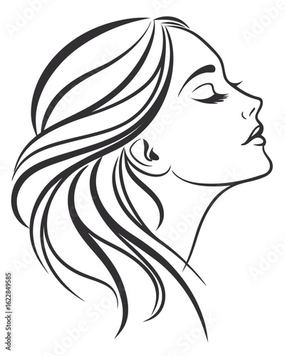 Minimalist one-line drawing of a woman's face in profile with flowing hair, elegant and abstract, black lines on a white background, high contrast, suitable for modern wall art