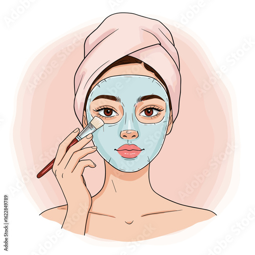 Young woman applying facial mask with brush at home in spa style  