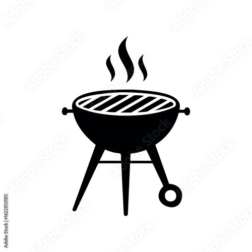 Simple silhouette of round outdoor charcoal grill with smoke – stock vector icon in line style