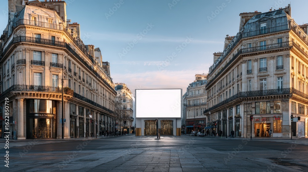 Naklejka premium White billboard mockup in Paris Champs avenue shopping district, placed above boutiques with historic architectural surroundings, perfect outdoor advertising space
