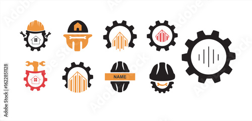 set of labor helmet icon with gear cog, Civil Engineering Vector Logo Template, Building Realty Construction Architecture Compass Line Art Logo
