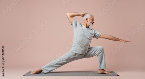 Senior man practicing yoga in a studio, performing warrior pose on a mat. Healthy lifestyle and mindfulness in older age.