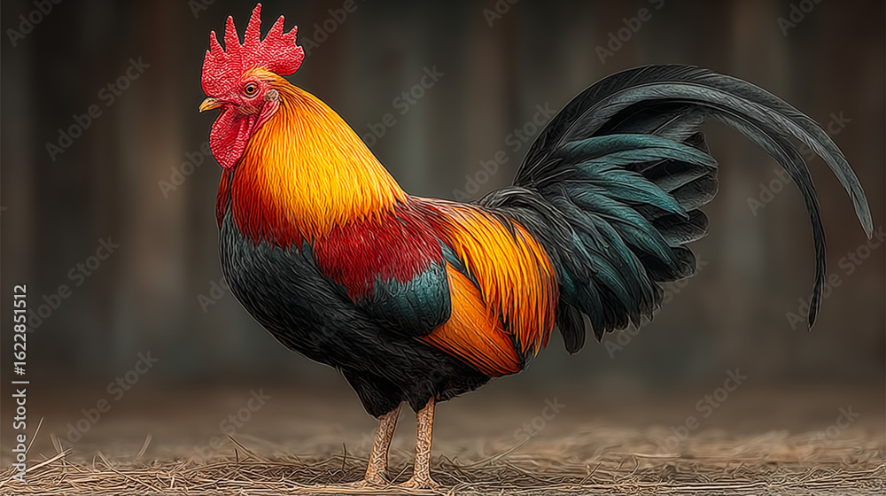 Fototapeta premium A colorful rooster stands proudly in a sun-drenched farmyard with straw and a wooden barn in the background. Capturing the essence of rural life and tradition.