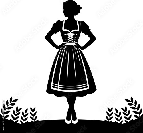 Black silhouette vector of a woman wearing traditional German dirndl dress