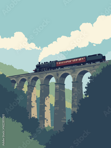 Keighley, United Kingdom – Keighley & Worth Valley Railway steam train and viaduct in train black, viaduct gray, steam white, and sky blue
