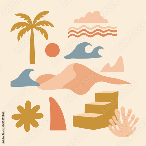 Boho beach paradise illustration with retro vibes and calming tones for summer designs and vacation themes