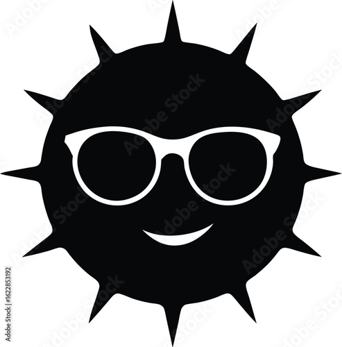 Vector icon of a smiling sun wearing sunglasses on a warm summer day