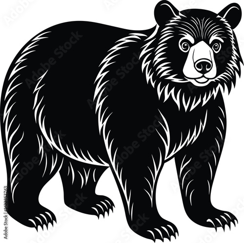 Black silhouette of an Andean bear standing on a white background spectacled bear animal