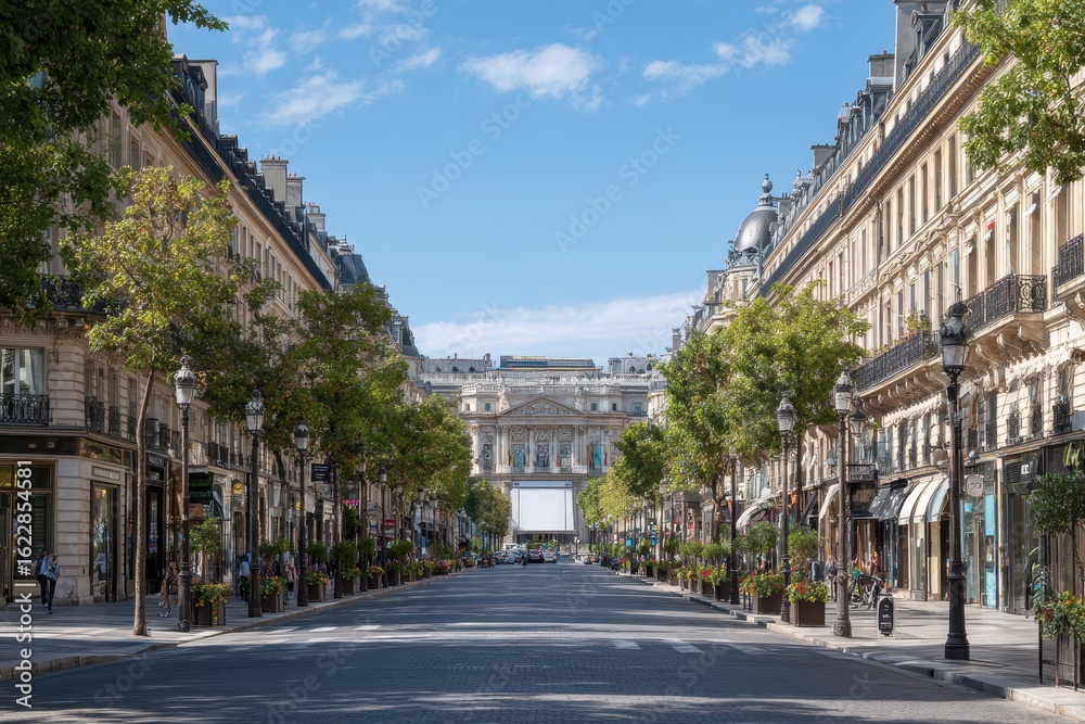 Naklejka premium Paris Champs avenue billboard mockup, white advertising display above boutiques, classic buildings in historic city center
