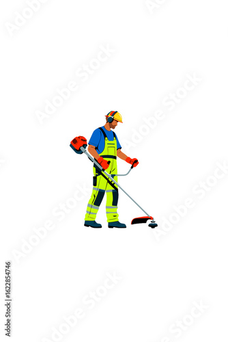 A Landscaper worker in high-visibility safety gear using a string trimmer
