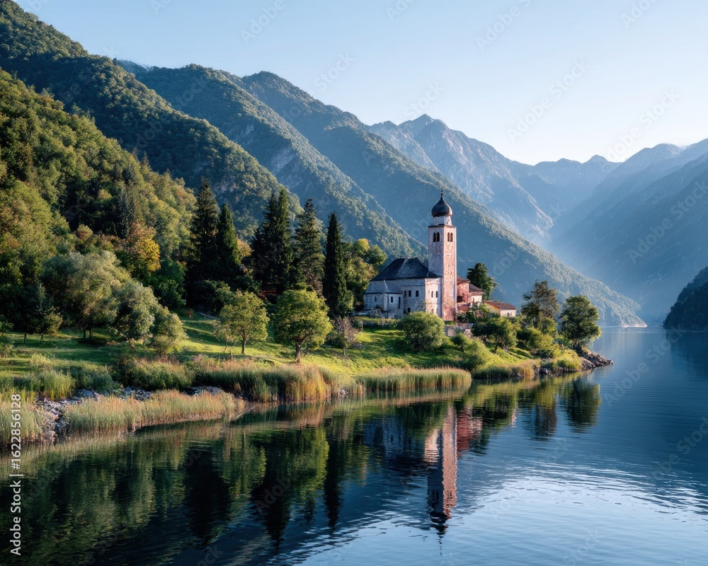 Fototapeta premium Tranquil alpine lake church