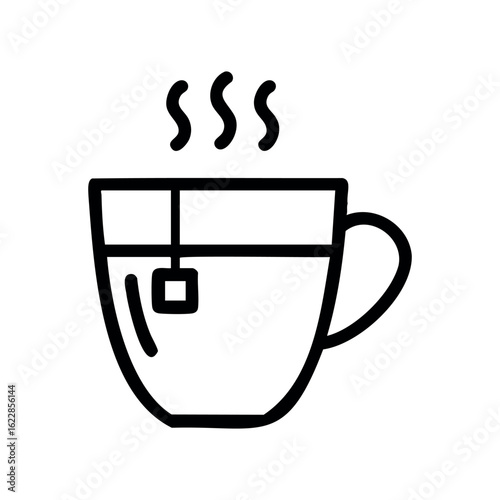 Simple line art of a hot cup of tea with teabag – stock vector icon in line style