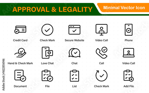 Approval and legality icons in outline style. Includes thin line vector icons for legal documents, verification, certification, signatures, consent, and compliance.