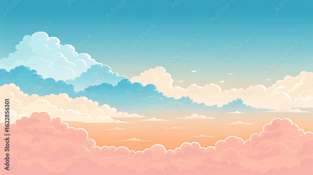 Fototapeta premium Cartoon illustration of a blue and pink sky with fluffy clouds background