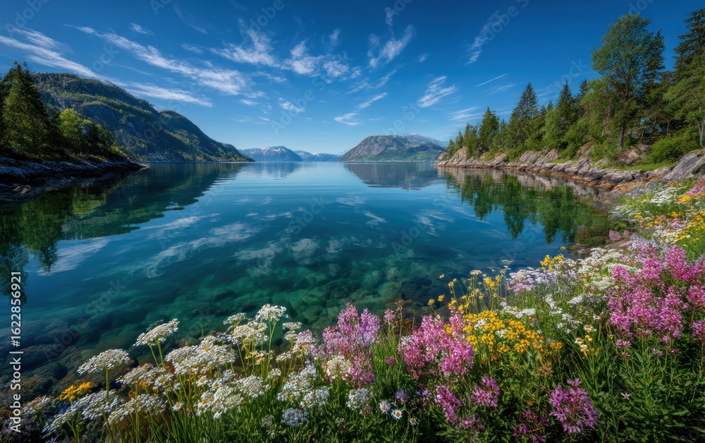 Obraz premium Serene fjord landscape with wildflowers