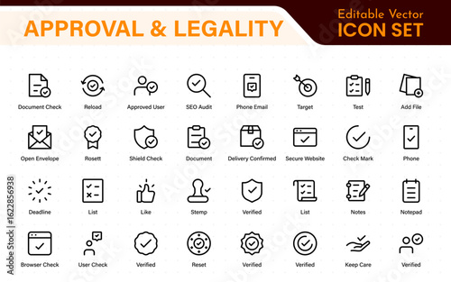 Approval and legality icons in outline style. Includes thin line vector icons for legal documents, verification, certification, signatures, consent, and compliance.