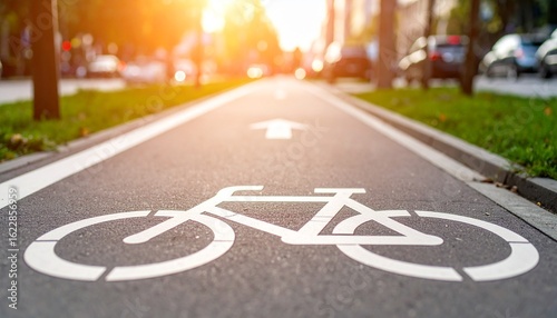 Wallpaper Mural A sunlit bike path with a painted bicycle symbol and an upward arrow, leading the way. Torontodigital.ca