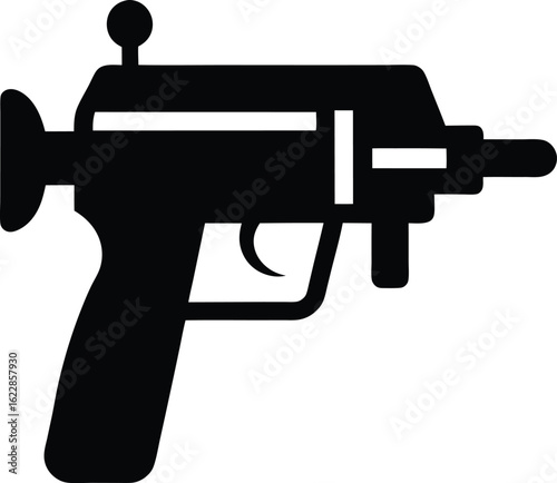 Illustration of a sniper with an automatic weapon and silhouette of a machine gun on a black and white background