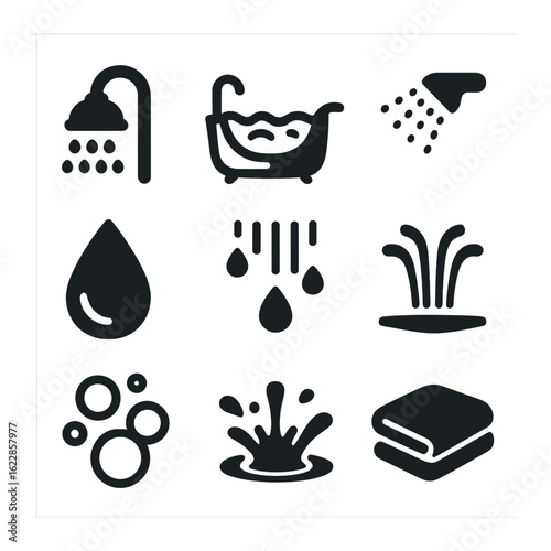 Water Spa Icons. olid, filled icons set of water-based spa therapy: shower icon, hydro tub, spray mist, water