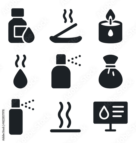 Scent Therapy Icons. olid, filled icons set of scent therapy elements: essential oil, incense, scented candle,