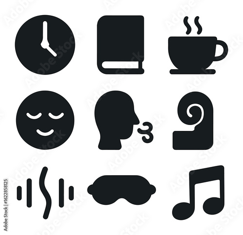 Relaxation Icon Set. olid, filled icons set of relaxation time icons: clock, book, tea cup, calm face, yoga