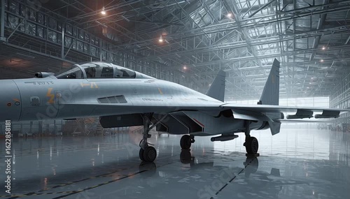 Futuristic Jet Fighter Under Soft Lighting in Aircraft Hangar