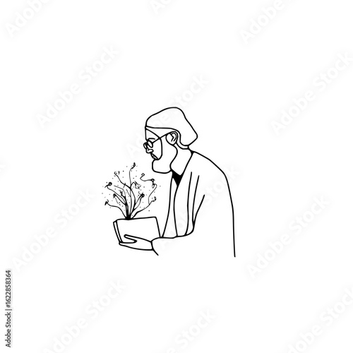 Scientist holding a plant growing out of a computer, symbolizing technological advancement and nature's harmony