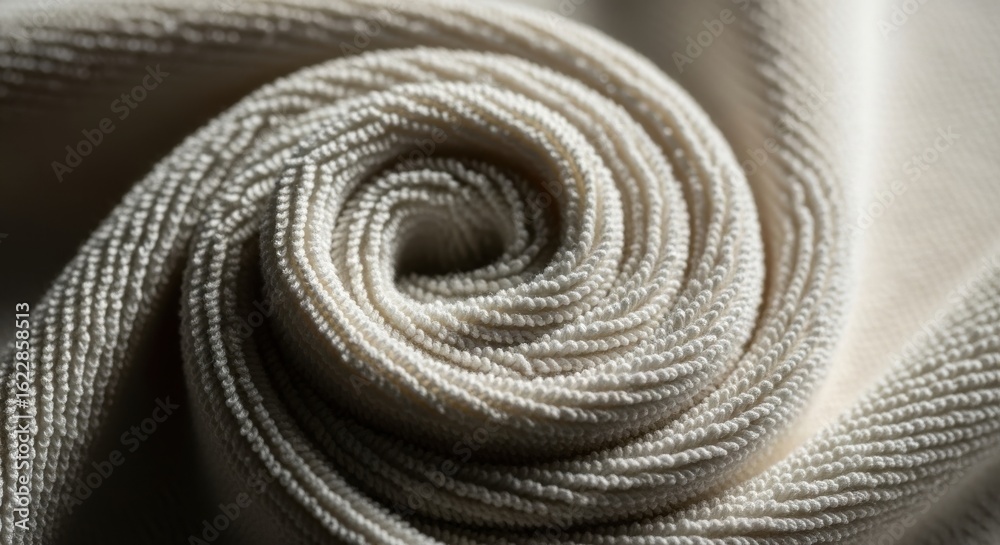 Naklejka premium Abstract cream fabric roll with a spiraling design and textile texture