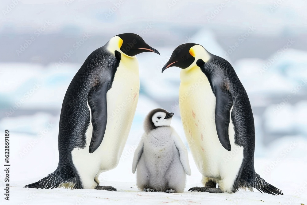 Naklejka premium Emperor penguins nurture their fluffy chick in a snowy Antarctic landscape during the winter season