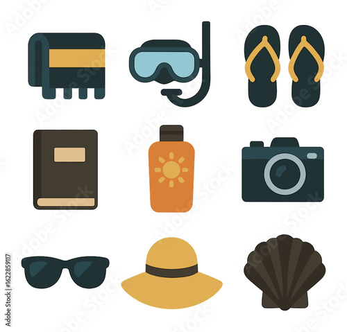Seaside Vacation Icons. olid, filled icons set of flat lay seaside vacation: towel, snorkel mask, flip-flops,