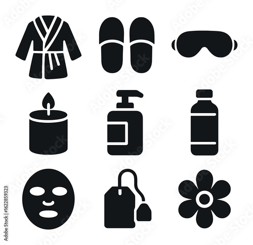 Spa Retreat Icons. olid, filled icons set of flat lay spa retreat: robe, slippers, eye mask, candle, lotion,