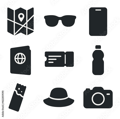 City Break Essentials. olid, filled icons set of flat lay city break: street map, sunglasses, phone, travel