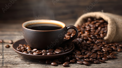 A steaming cup of coffee on a rustic wooden table surrounded by scattered coffee beans