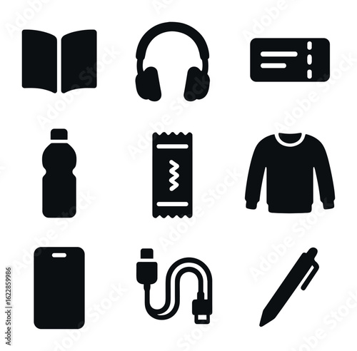 Train Travel Essentials. olid, filled icons set of flat lay train journey items: book, headphones, ticket,