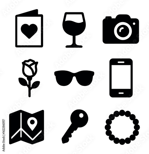 Romantic Getaway Icons. olid, filled icons set of flat lay romantic getaway: heart card, wine glass, camera,