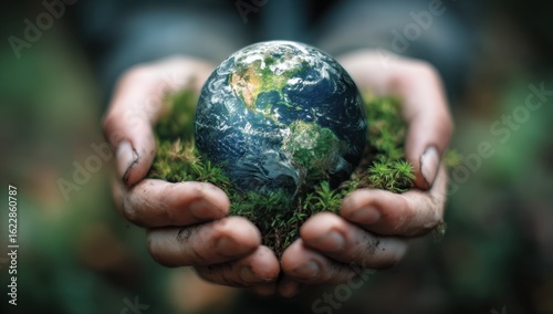 Hands gently cradle a miniature Earth nestled among lush green moss, symbolizing environmental stewardship and the delicate balance of our planet.