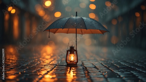 Wallpaper Mural A solitary umbrella stands on a wet cobblestone street illuminated by a vintage lantern at night Torontodigital.ca